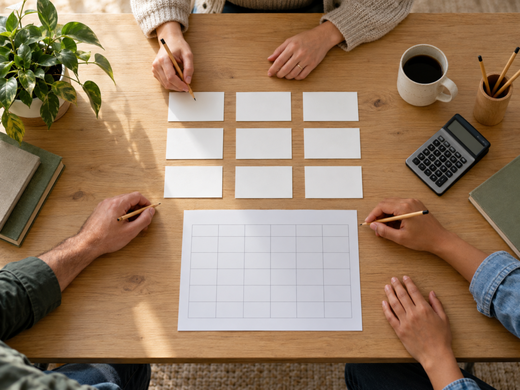 Three people organizing blank planning cards during a small-business partnership meeting. 