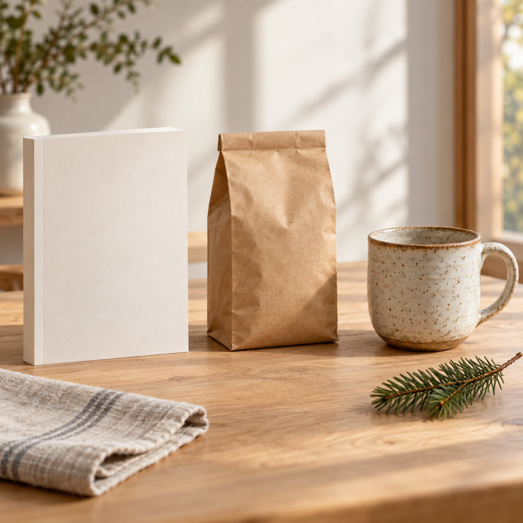 A book, coffee bag, and handmade mug arranged as ideas for a cozy evening gift guide. 